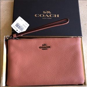 coach small wristlet in polished pebble leather